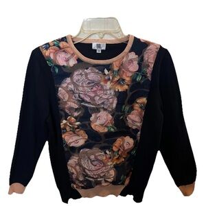YAL NY Women's Size Medium Navy Long Sleeve Sweater Floral Front Overlay